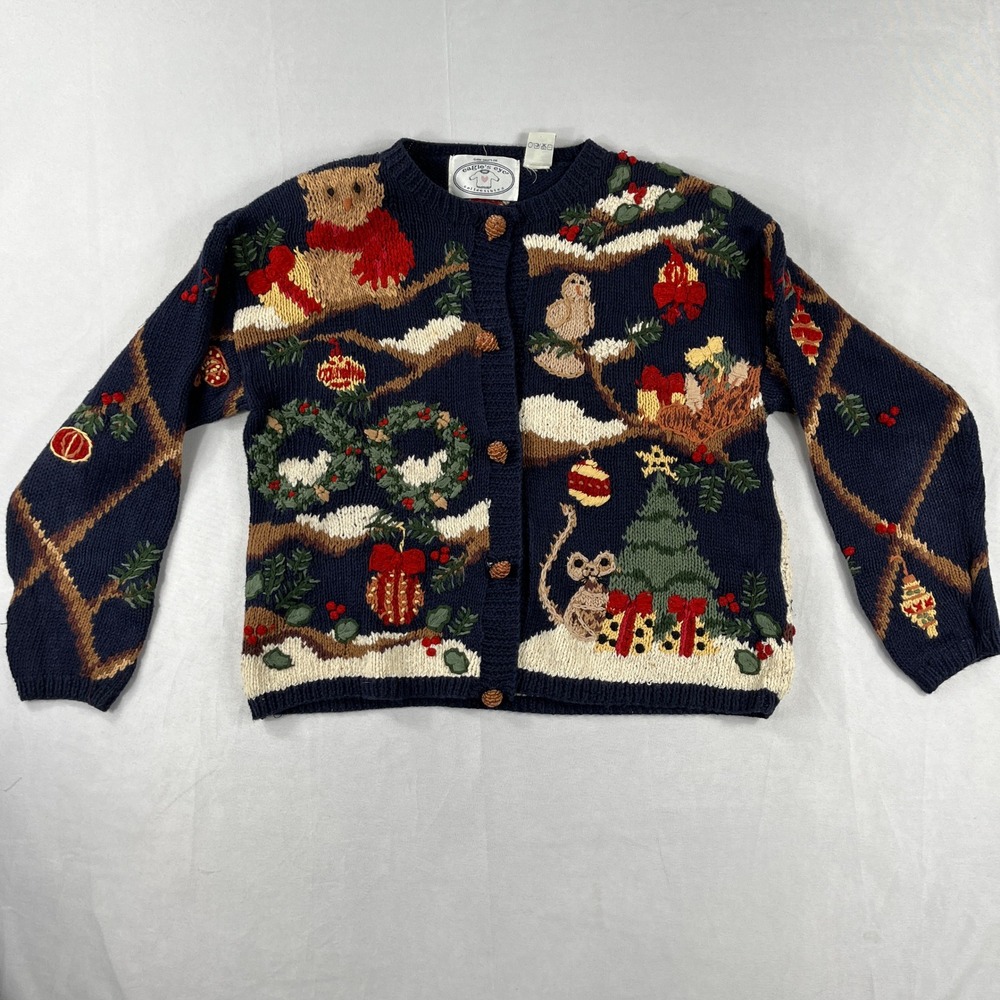 Eagle's Eye Cardigan Sweater Vintage 1996 Christmas Santa Animals Navy Large